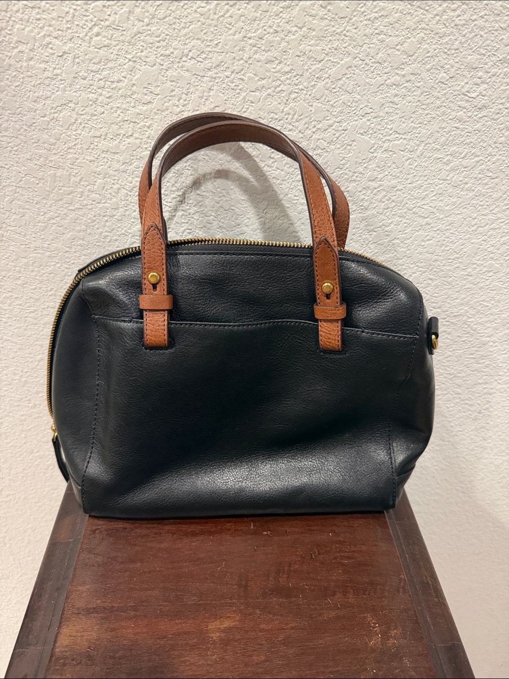 Fossil Rachel Black Leather Dome Satchel with Tan Top Handles